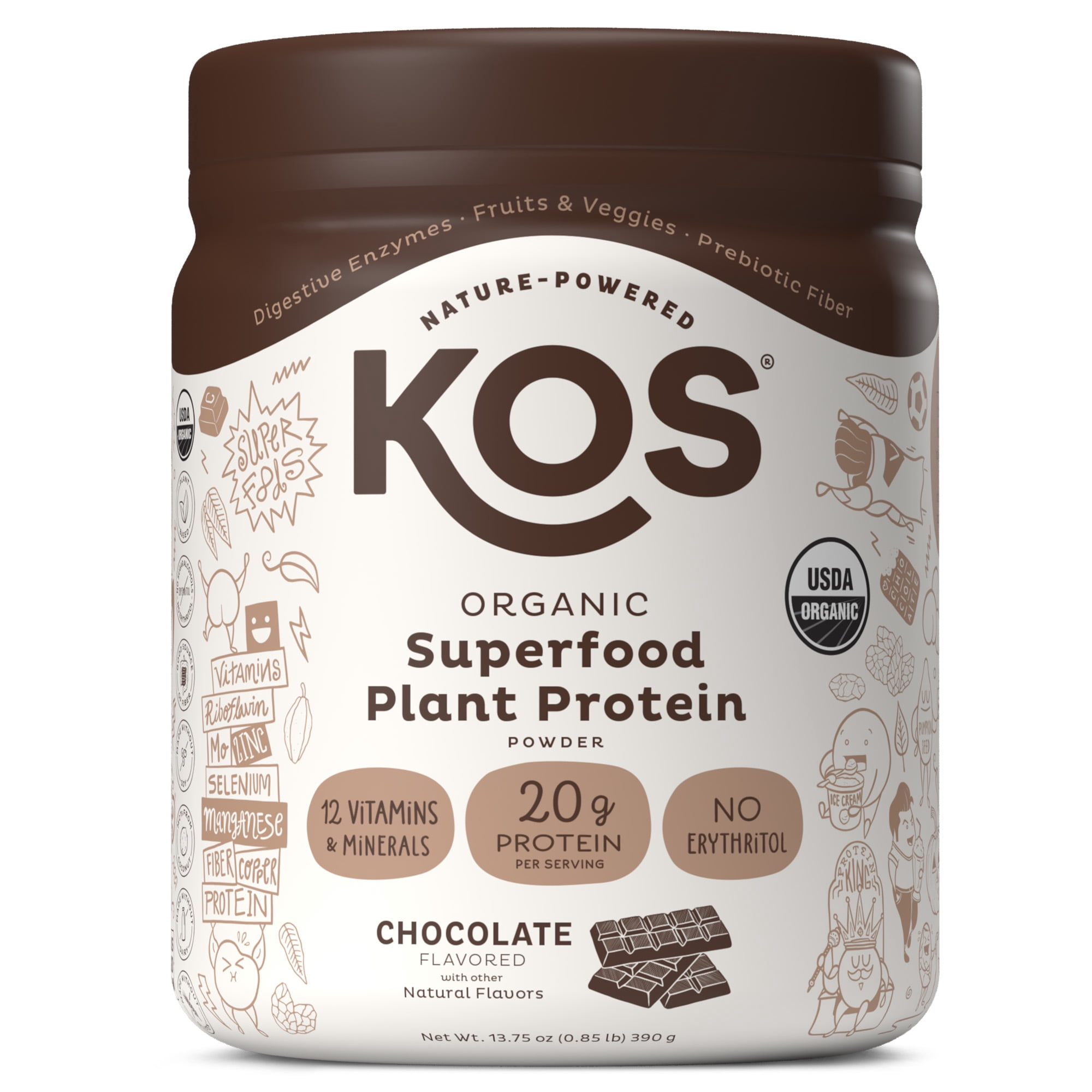 KOS Organic Plant Based Protein Powder, Chocolate, 20g Protein, 10 Servings, 13.75oz, 0.85lb