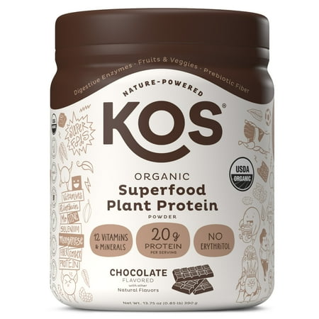 KOS Organic Plant Based Protein Powder, Chocolate, 20g Protein, 10 Servings, 13.75oz, 0.85lb