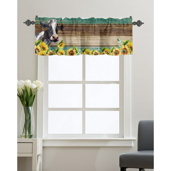 Kitchen Cafe Valance Curtain for Small Windows,Watercolor Farm Cow and Sunflowers Rod Pocket Short Valances Retro Bucolic Wood Plank Window Treatment Panel for Living Room/Bedroom/Bathroom,54x18in