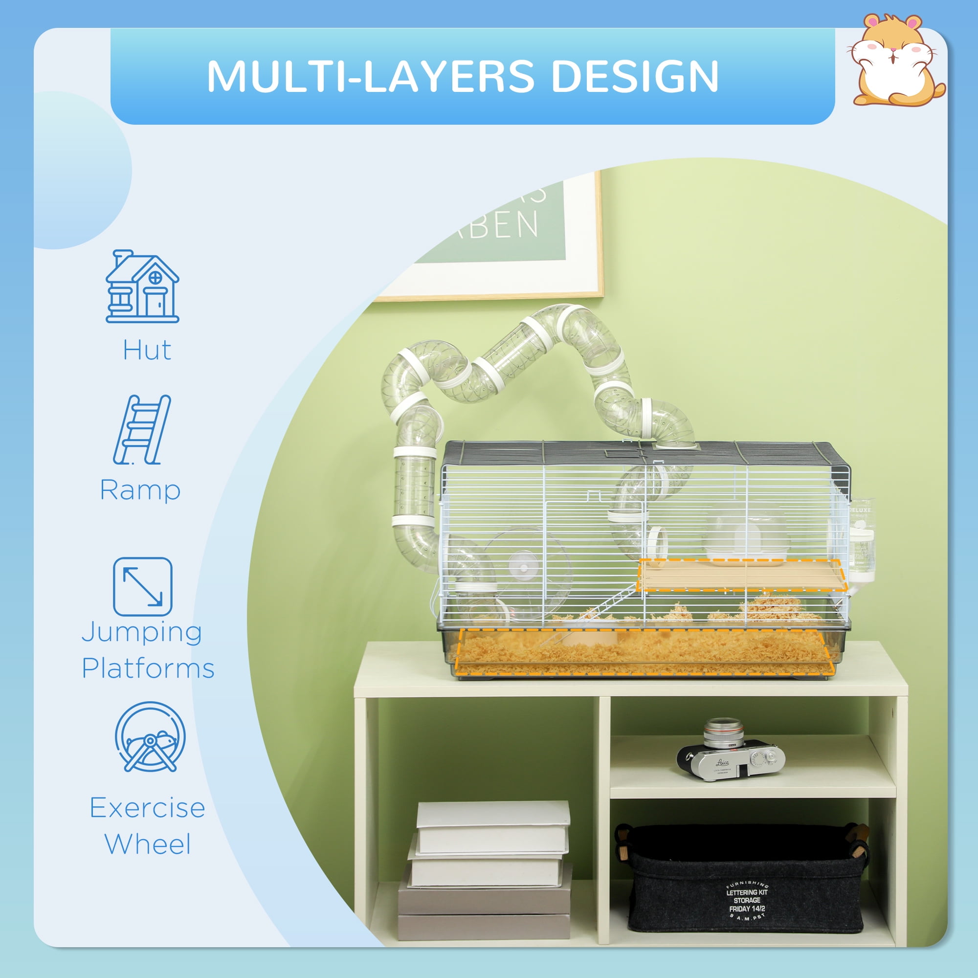 PawHut 2 Levels Hamster Cage for Gerbil or Dwarf Hamster with Tube Tunnels, Exercise Wheel, Food Dish, Water Bottle, Ramp, 23" x 13" x 12", Gray