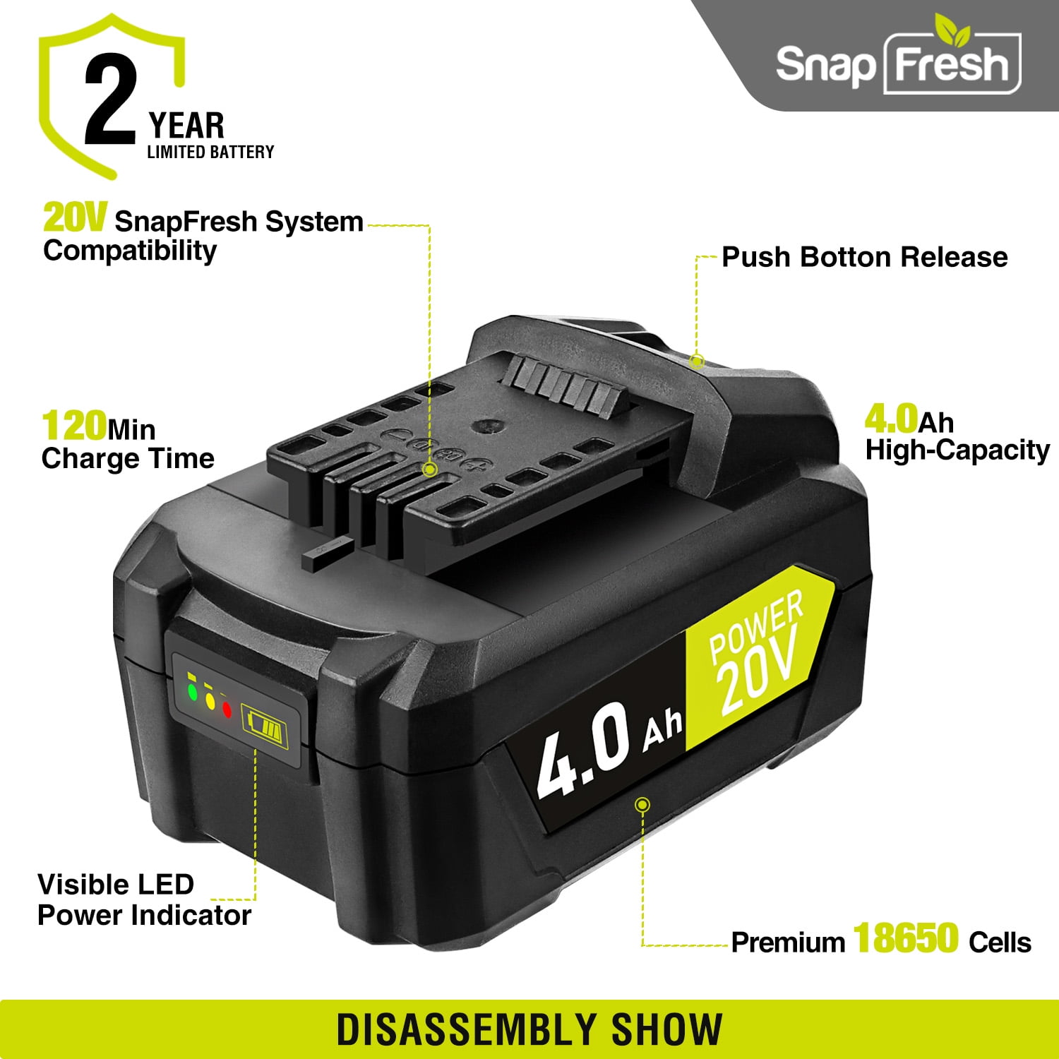 SnapFresh 20V 4.0Ah Li ion Battery Only Works with SnapFresh Tools and Chargers Lithium Ion Battery Supports Fast Charging 2X Runtime BBT DC40A