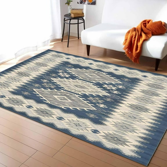Boho Area Rugs Indoor Non-Slip Washable Rug 2x3ft Small, Southwest Ethnic Vintage Tribal Geometric Pattern Blue Grey Rubber Backing Floor Mats Non Shedding Home Decor Carpet for Entryway Living Room