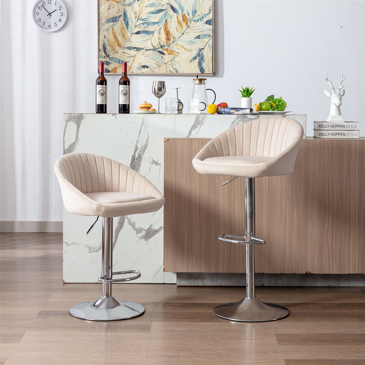 Bar Stools Set of 2, Modern Velvet Adjustable Counter Height Bar Stools