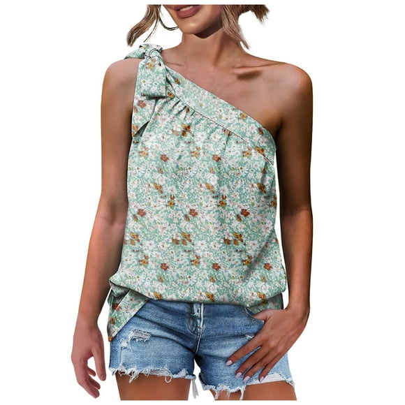 Birdeem One Shoulder Tops for Women Summer Chiffon Shirts Tie Bow Knot Sleeveless Tank Tops Loose Fit