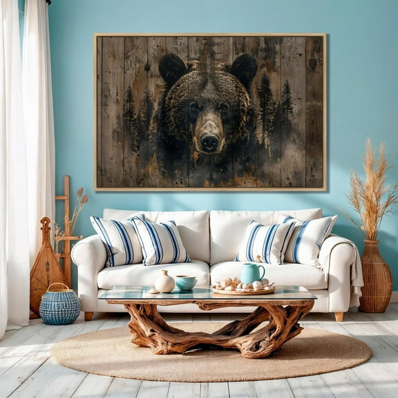 Rustic Brown Bear Wall Art Abstract Pine Trees Wooden Background Poster Grizzly Farmhouse Decor Animal Poster Ready To Hang Home Decor UNFRAMED Poster, Wall Art for Decor, Present, 8x12