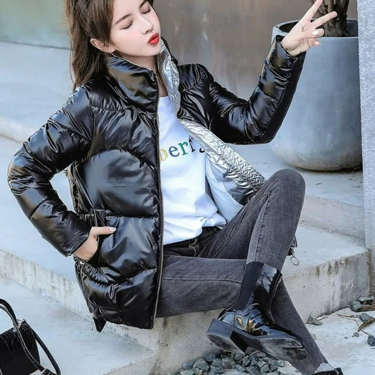 DanceeMangoo New Women s Winter Jacket Glossy Parka Stand Callor Down Cotton Jacket Warm Casual Cotton Padded Parkas Snow Wear Coat Walmart