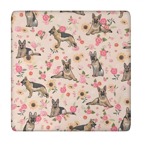 German Shepherd Dog and Flower Square Fitted Tablecloth with Elastic Edge,Square Table Cover,Washable Elastic Table Cover for Home Kitchen Party Decor 34"x34"