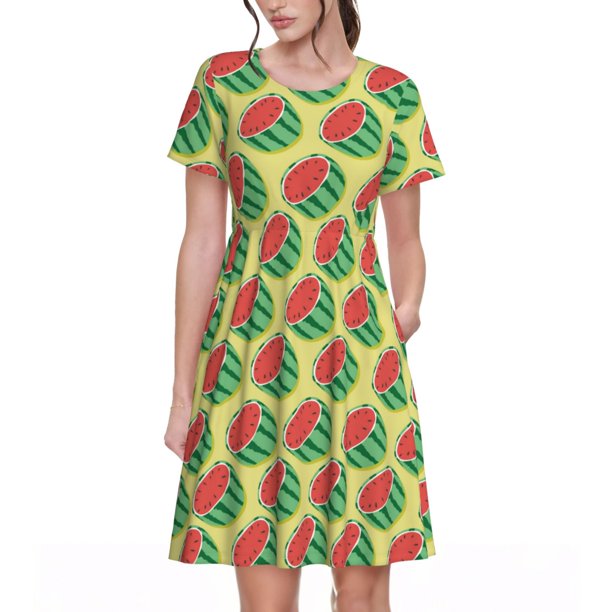 Balery Summer Watermelon Vestidos sueltos de manga corta para mujer, vestidos de verano 2025, vestidos casuales de corte A con vuelo.