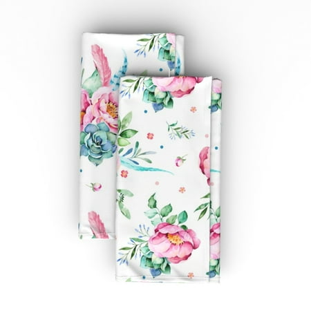 

Linen Cotton Canvas Dinner Napkins (Set of 2) - Aqua Pink Floral Print Mix Match Boho Dream Catcher Feather Flowers Print Cloth Dinner Napkins by Spoonflower