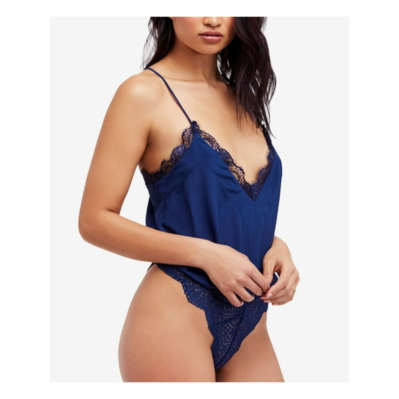 FREE PEOPLE Womens Navy Lace Spaghetti Strap Scoop Neck Body Suit Top S