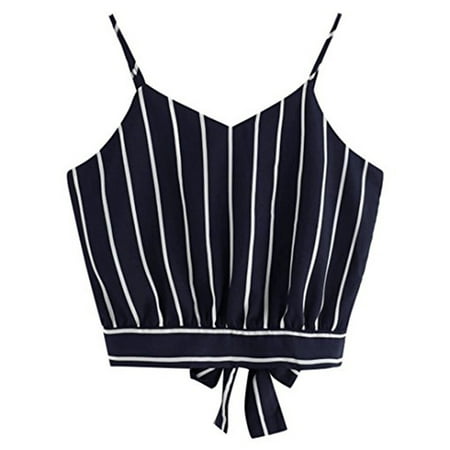 Women's Self Tie Back V Neck Striped Crop Cami Top Camisole (Best Tie For Striped Shirt)