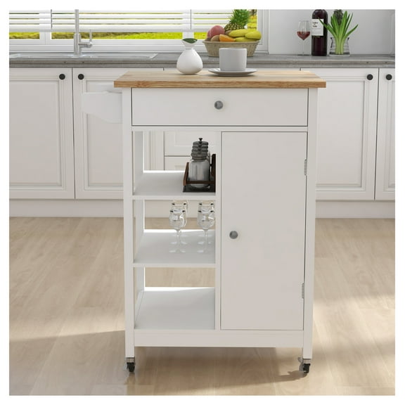 Kitchen Island Rolling Cart with Adjustable Shelves & Towel Rack - Rubber Wood Top, White Finish - Mobile Kitchen Storage for Small Spaces