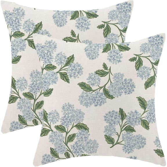 Spring Hydrangea Flowers Pillow Covers 18x18 Inch Set of 2, Blue Retro Floral Pattern Outdoor Decorative Throw Pillowcase Nature Floral Cushion Cover for Sofa Couch Living Room Bed Decor