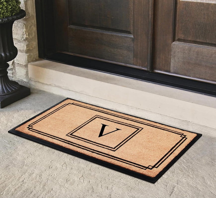 A1 Home Collections Rubber & Coir Mat, Heavy Duty, Extra Large, Front Door Mat 24"X48", Black/Beige Doormat Monogrammed V