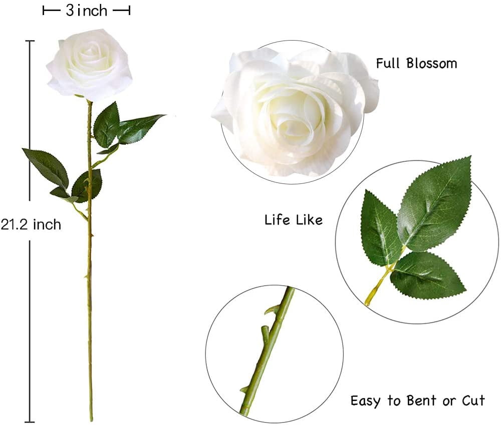 White Roses Artificial Flowers Bulk Real Touch Roses Fake White Silk Roses Flowers Floral Arrangement Bouquet for Wedding Bouquet Home Wedding Party Garden Bridal Decorations DIY (White)