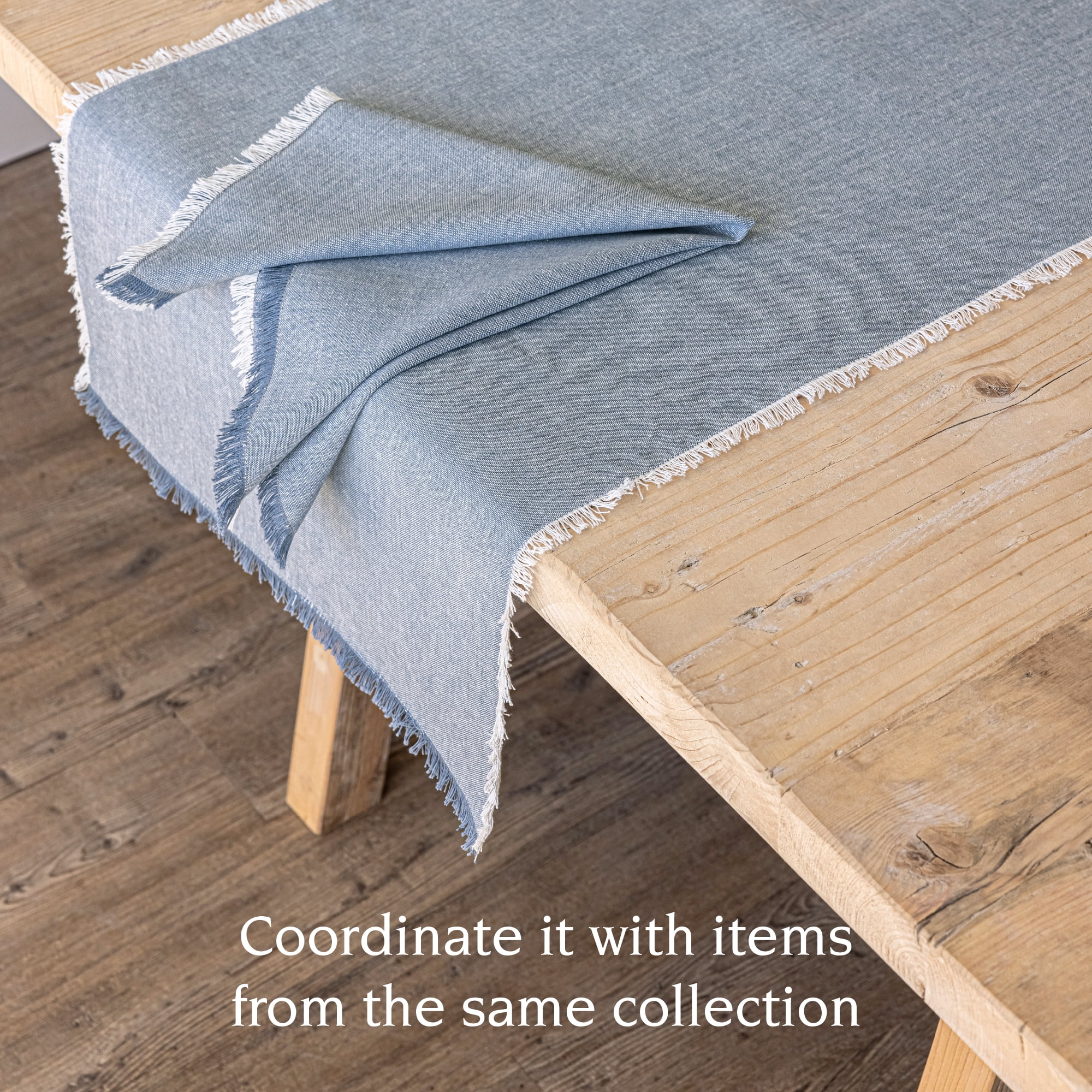 over&back 18x108 Woven Frayed Chambray Cotton Table Runner - Washable Table Runners for a Custom Home Decor Tablescape - Hand-Finished Frayed Edges - Coffee Table, Dinner Table, Living Room - Blue