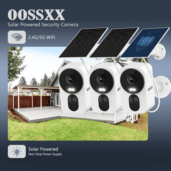 OOSSXX 2K Wireless Solar Security Camera Outdoor, 4MP WiFi Cameras with PIR Human Detection, Color Night Vision, 2.4G/5G Dual-Band, Two-Way Audio, IP65 Waterproof, SD/Cloud Storage (3-Pack)
