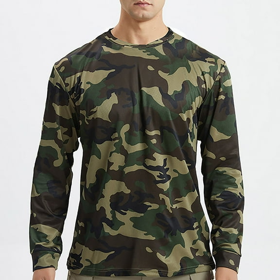 Sakmal Shirts for Men Long Sleeve Quick Drying Crew Neck T-Shirt Uv Protection Breathable Camouflage Summer Daily Tops