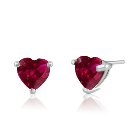 Heart Shaped Ruby Earrings - Sterling Silver Stud Earrings Rhodium Plated Created Red Ruby 6x6mm Heart Shaped