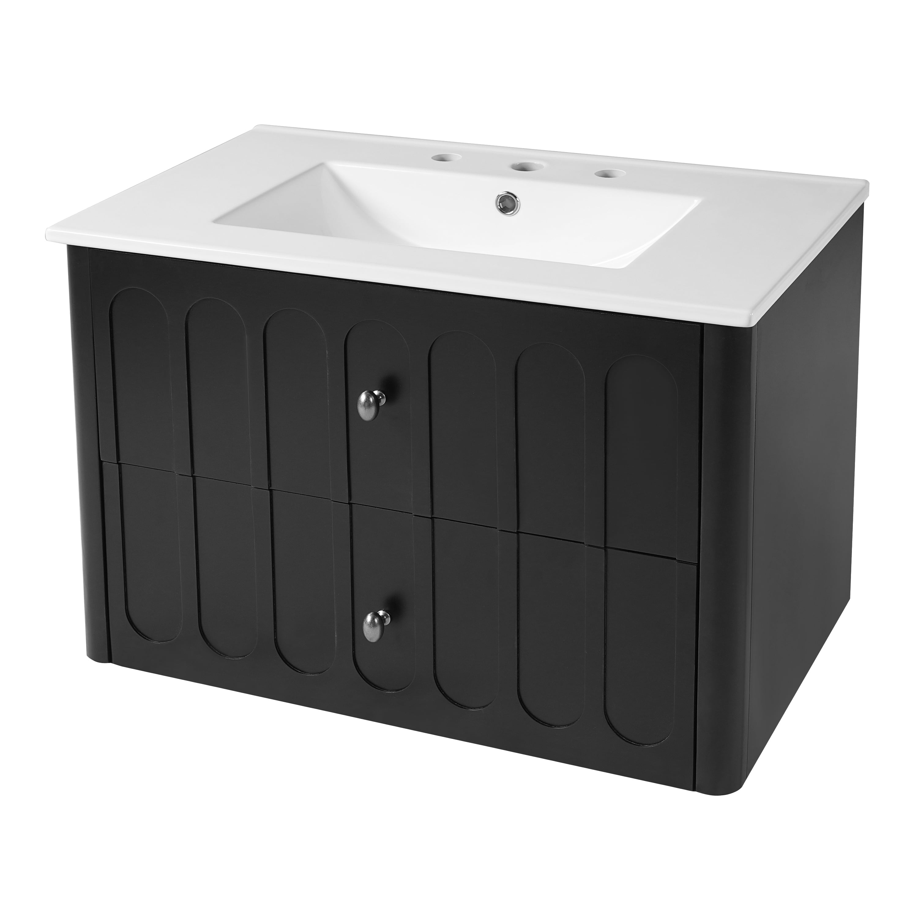 30" Modern Floating Bathroom Vanity with Oval Knobs & Round Edge, Soft-Close Drawer Slides, Bathroom Cabinet with Ceramic Sink