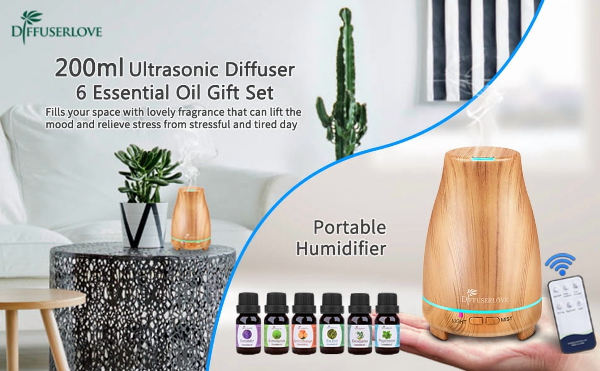 1 Humidifiers For Bedroom, Essential Oil Diffuser, With 6 Bottles of Essential Oil , 7-Color Lighting, Automatic Shut-Off, Home Aromatherapy, Suitable For Bedrooms And Offices