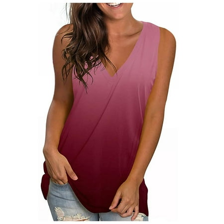 Cyber of Monday Deals 2023 Floleo Women's Tank Tops Clearance Summer Fashion Gradient Color V-Neck Sleeveless T-shirt Tops Blouse