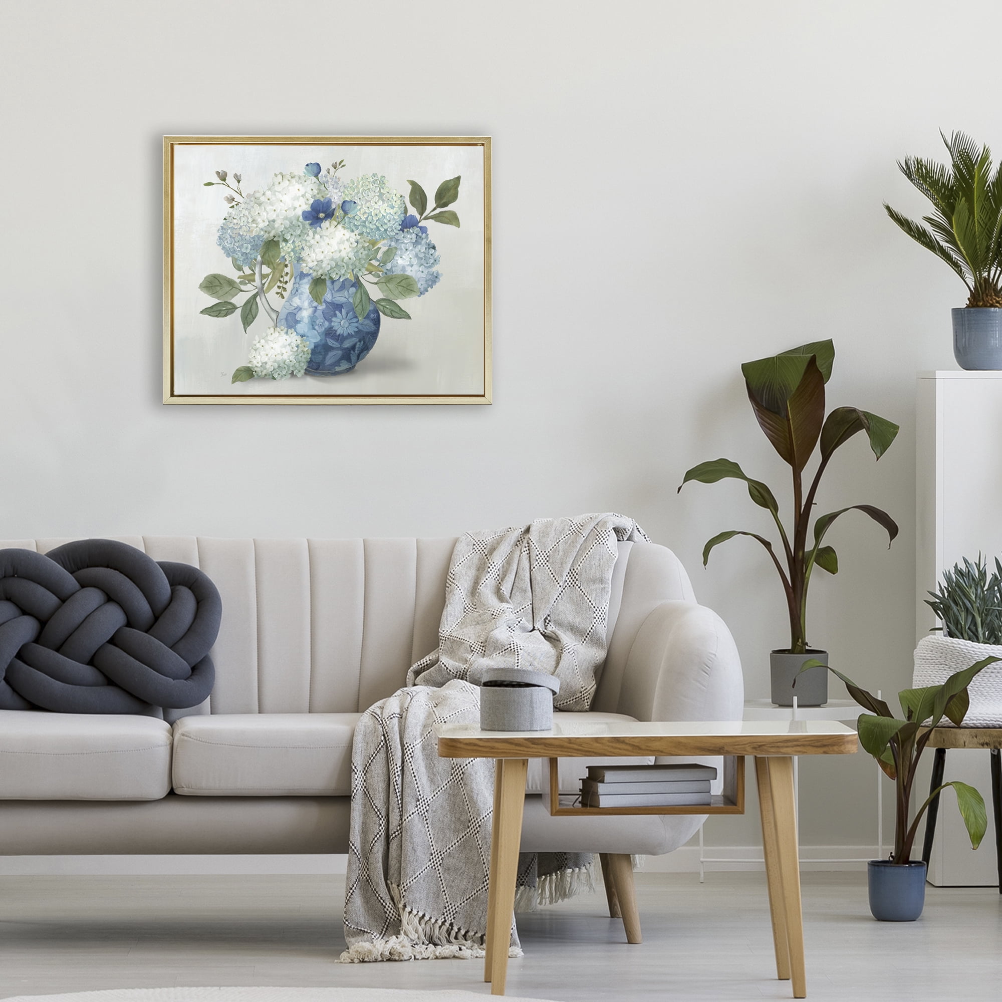 Stupell Industries Ornate Vase with Hydrangeas Gold Framed Floater Canvas Wall Art, design by Nan