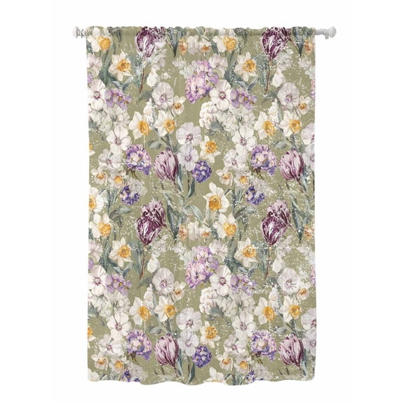 Sheer Curtains 63 Inch Length, Dark Sage Green Botanical Semi Sheer Curtains Light Filtering Window Treatment, Spring Floral Summer Botanical Retro Privacy Voile Drapes for Living Room 52x63 Inch
