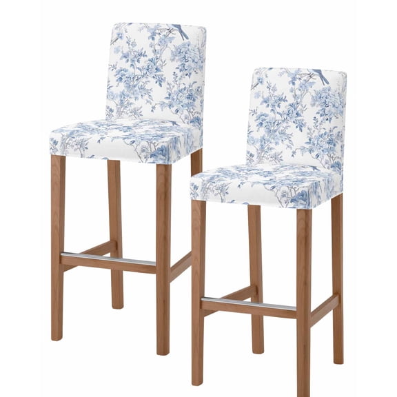 Blue White Flowers Bar Stool Covers Set of 2, Spring Summer Floral Botanical Stretch Washable Bar Chair Covers with Backs, Removable Pub Counter Height Chair Cover for Kitchen Dining Room Cafe