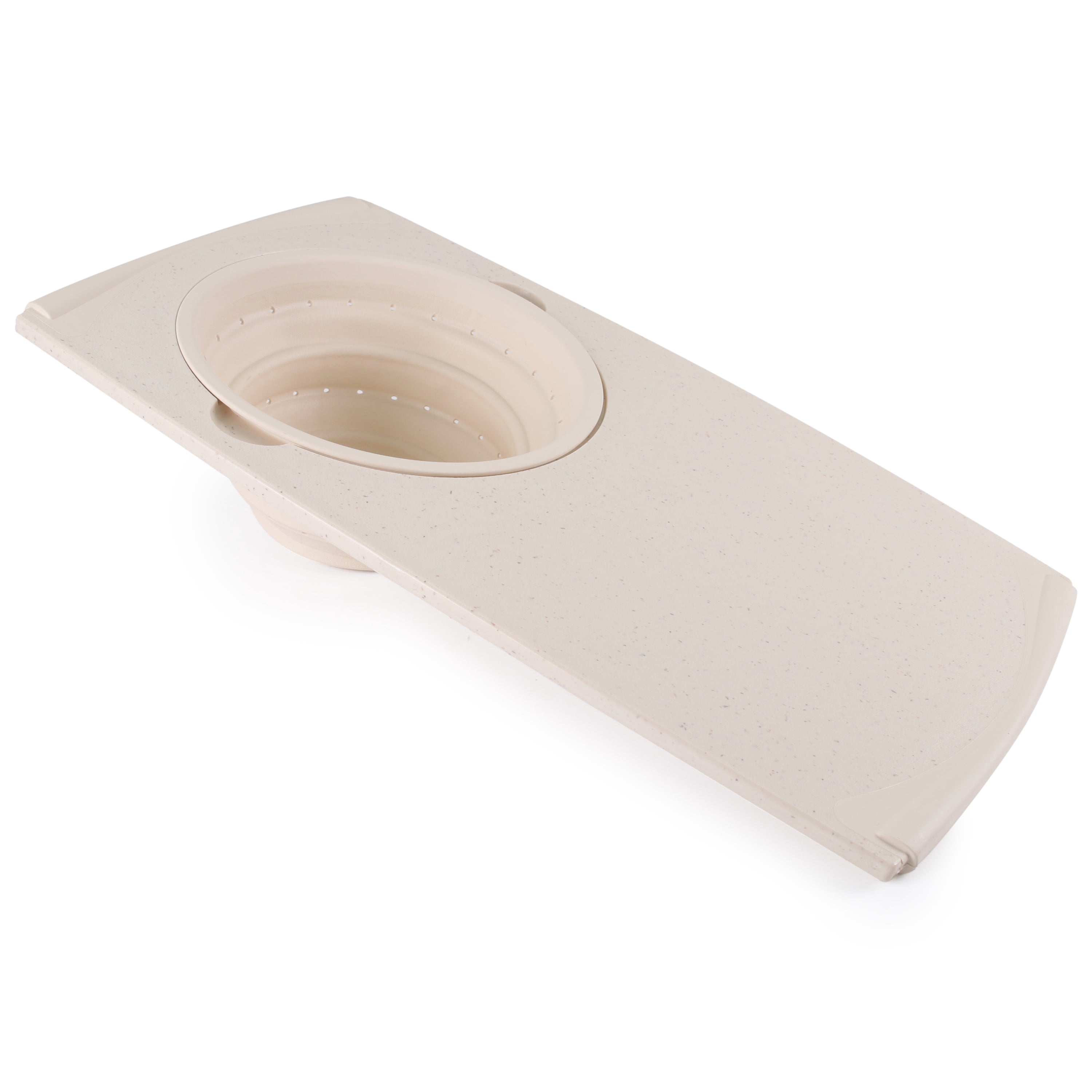 Dexas Over-the-Sink Flax Cutting Board with Collapsible Colander, 11.5 x 20", Cream