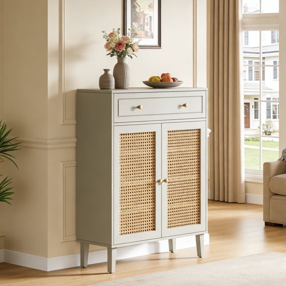 Fnova Modern 4-Tier Storage Cabinet with 1 Drawer, 2-Door Vintage Side Cabinet, Shoe Storage with Adjustable Shelves, Rattan Panels, Easy Assembly for Entryway, Hallway, Living Room, Bathroom