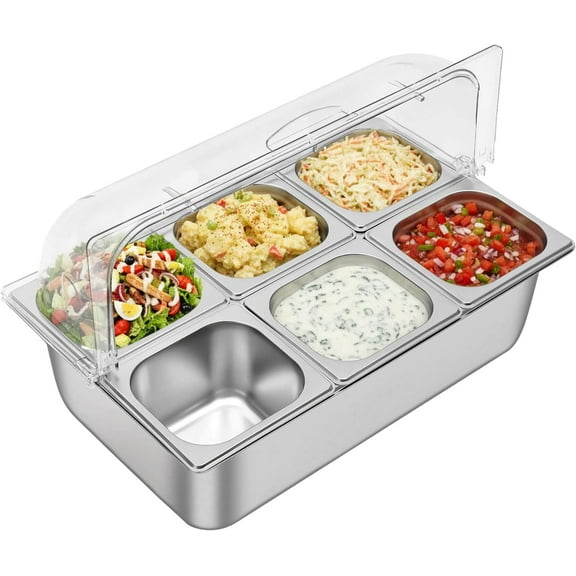 Countertop Food Display Container Ice Food Serving Tray 6 Pans Chilled Buffet Condiment Dispenser Appetizer Spice Fruit Cold Serving Station