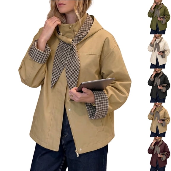 BFRGSIJ Women's Cropped Trench Coat with Detachable Plaid Scarf Hooded Casual Jacket with Plaid Cuffs Loose Fit Windproof Outerwear for Fall M