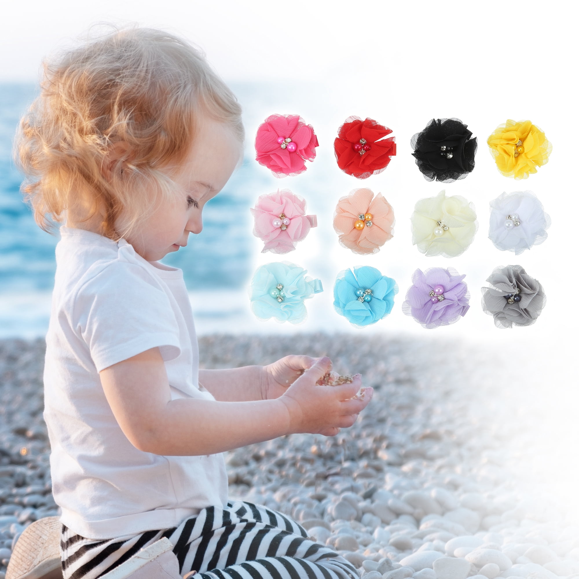 Unique Bargains 12Pcs Hair Clip for Girls Grosgrain Ribbon Flower Pattern Hair Accessories