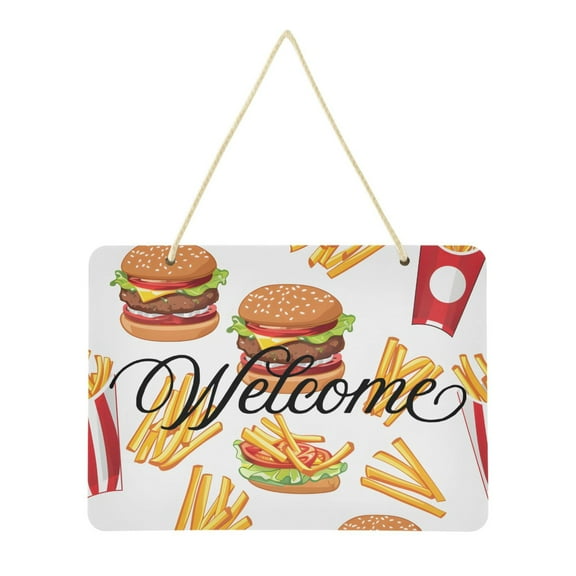 French Fries and Hamburger Welcome Sign Front Door PVC 14x10 inch Hanger Hello Sign Farmhouse Wall Porch Home Outside Decor
