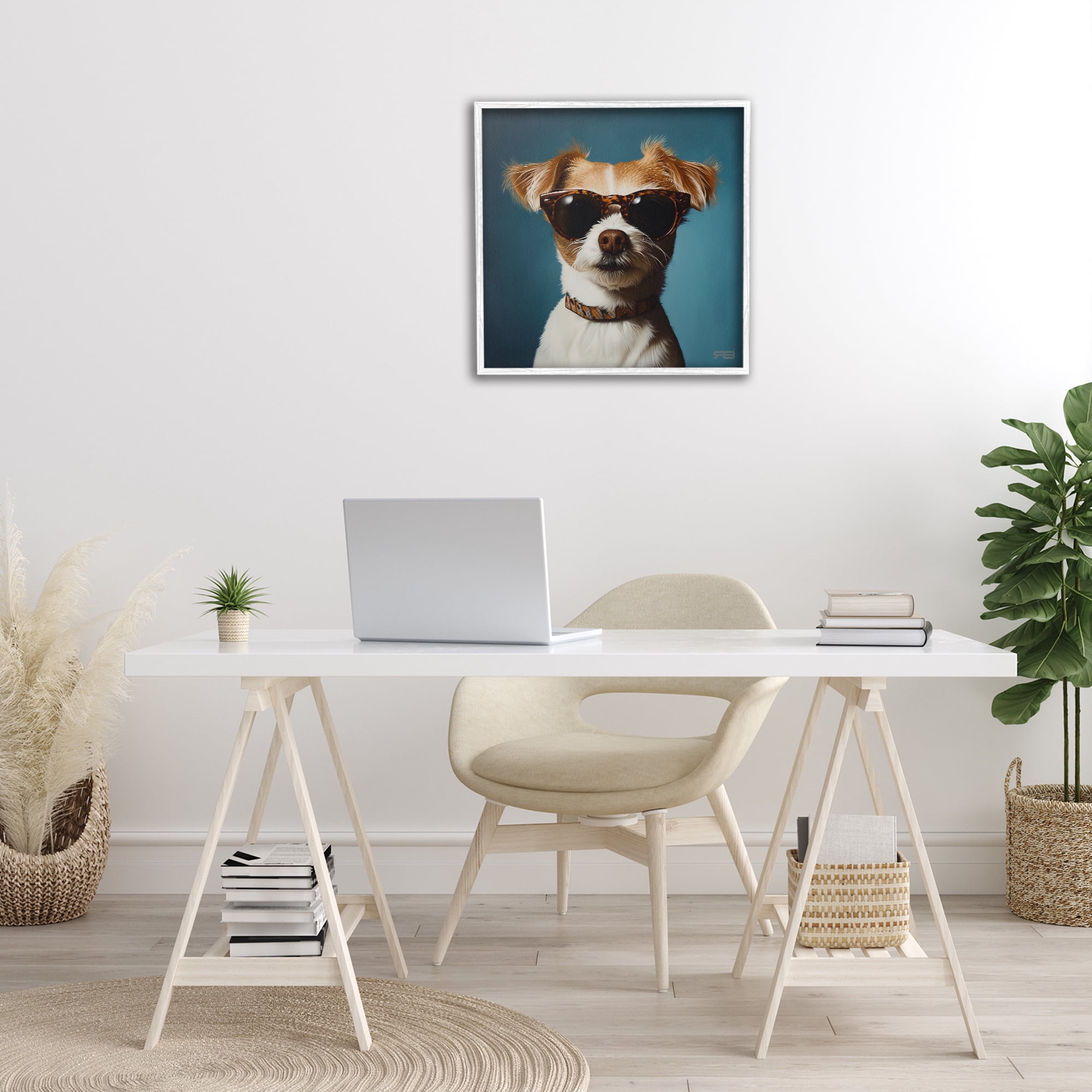 Stupell Industries Cool Dog on Blue Animals & Insects Painting White Framed Art Print Wall Art, 24 x 24