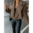 thumbnail image 4 of Female Crop Pea Coat Wool Blend Office Work Lapel Collar Short Winter Jacket Trench Coat Dark Brown XL, 4 of 10