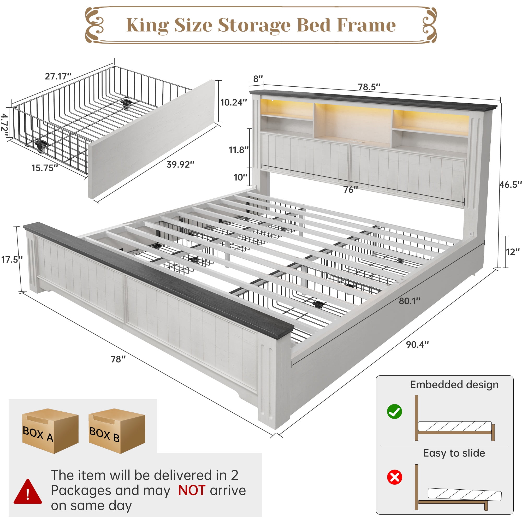 EnHomee King Size Bed Frame with 4 Storage Drawers Platform Bed Frame metal with Headboard and Storage Framhouse Bed Frame with LED Lights & Charge Station, White
