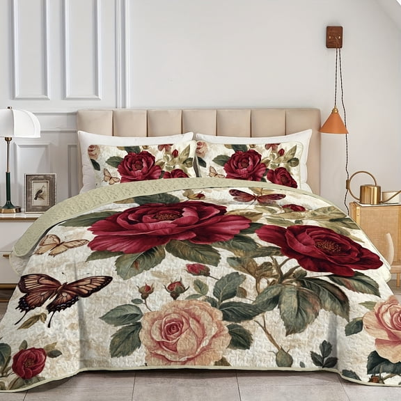 Flymme Vintage Red Rose Quilt Sets for Full/Queen Size Bed,3 Piece Lightweight Bedspread Coverlet Set for Women Bedroom Decor