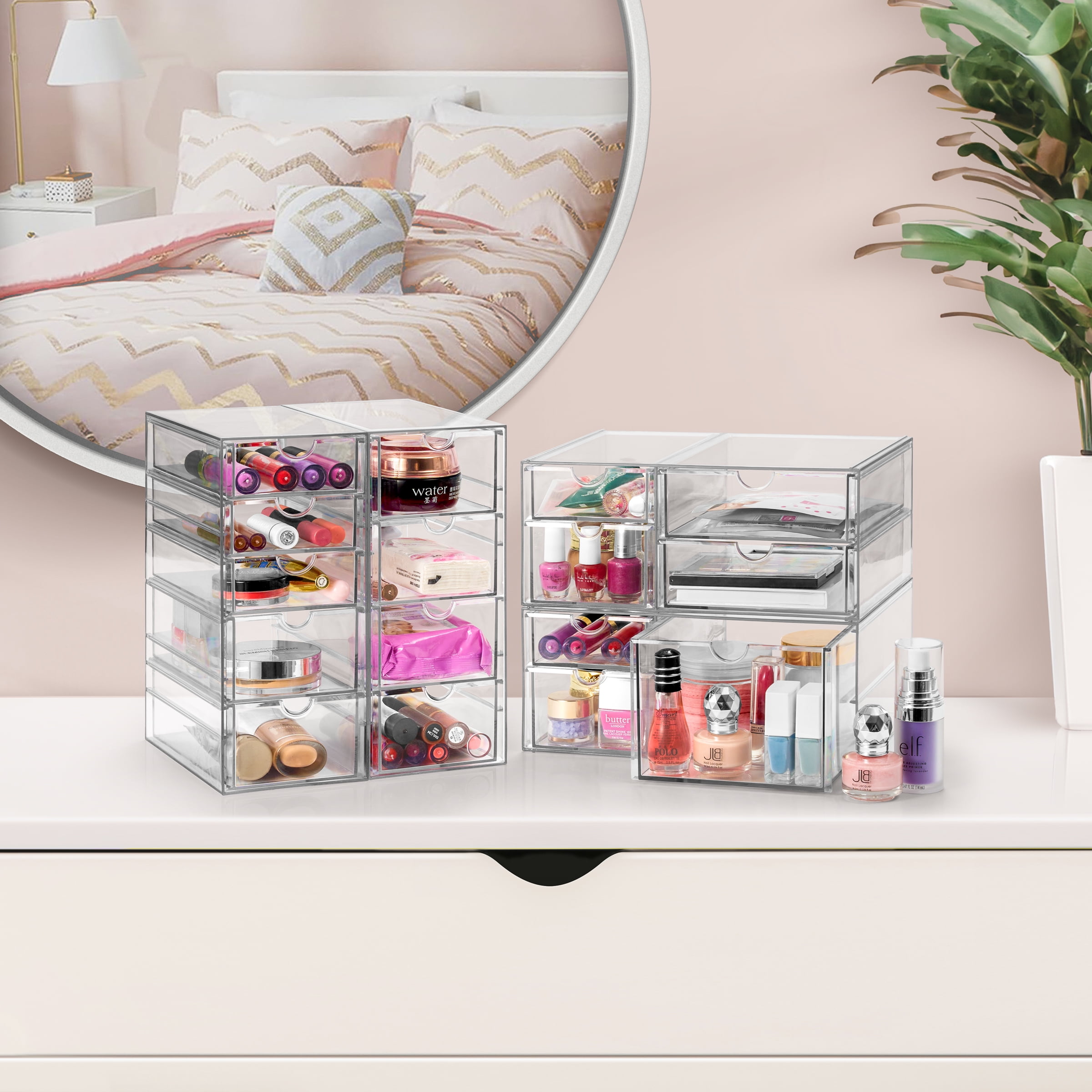 Sorbus 4-Piece Acrylic Makeup Organizer, 16 Drawer Stackable Storage Bins, Clear