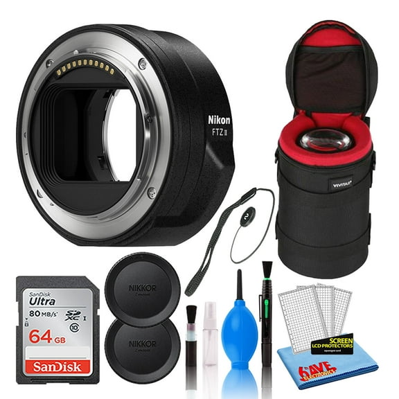 Nikon FTZ II Lens Mount Adapter for Z-Series Lenses (4264) Bundle with 64GB Ultra SDHC Memory Card   Padded Lens Case   Lens Cap Keeper   Deluxe Lens Cleaning Kit