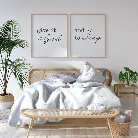 Give It To God And Go To Sleep Farmhouse Decor Bedroom Christian Wall Art Set 2 Unframed Paper Print 8x12