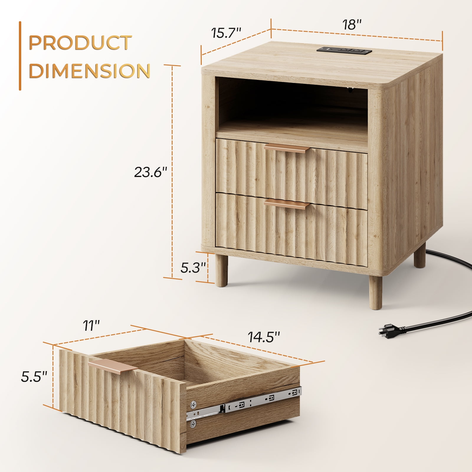 18" Wide Fluted Nightstand Set of 2 with Charging Station Modern Wood Bedside Table with 2 Drawers and Open Shelf, Mid Century End Table for Bedroom Living Room Office, Oak