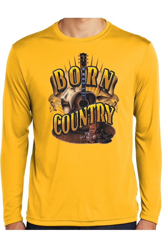 Mens Born Country Guitar & Boots Moisture-Wicking Long Sleeve T-shirt, Medium Gold