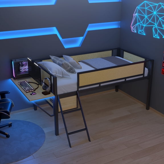 Metal Loft Bed with LED Lights & Desk - Double Bed Frame with Storage Shelves, Safety Rail & Ladder