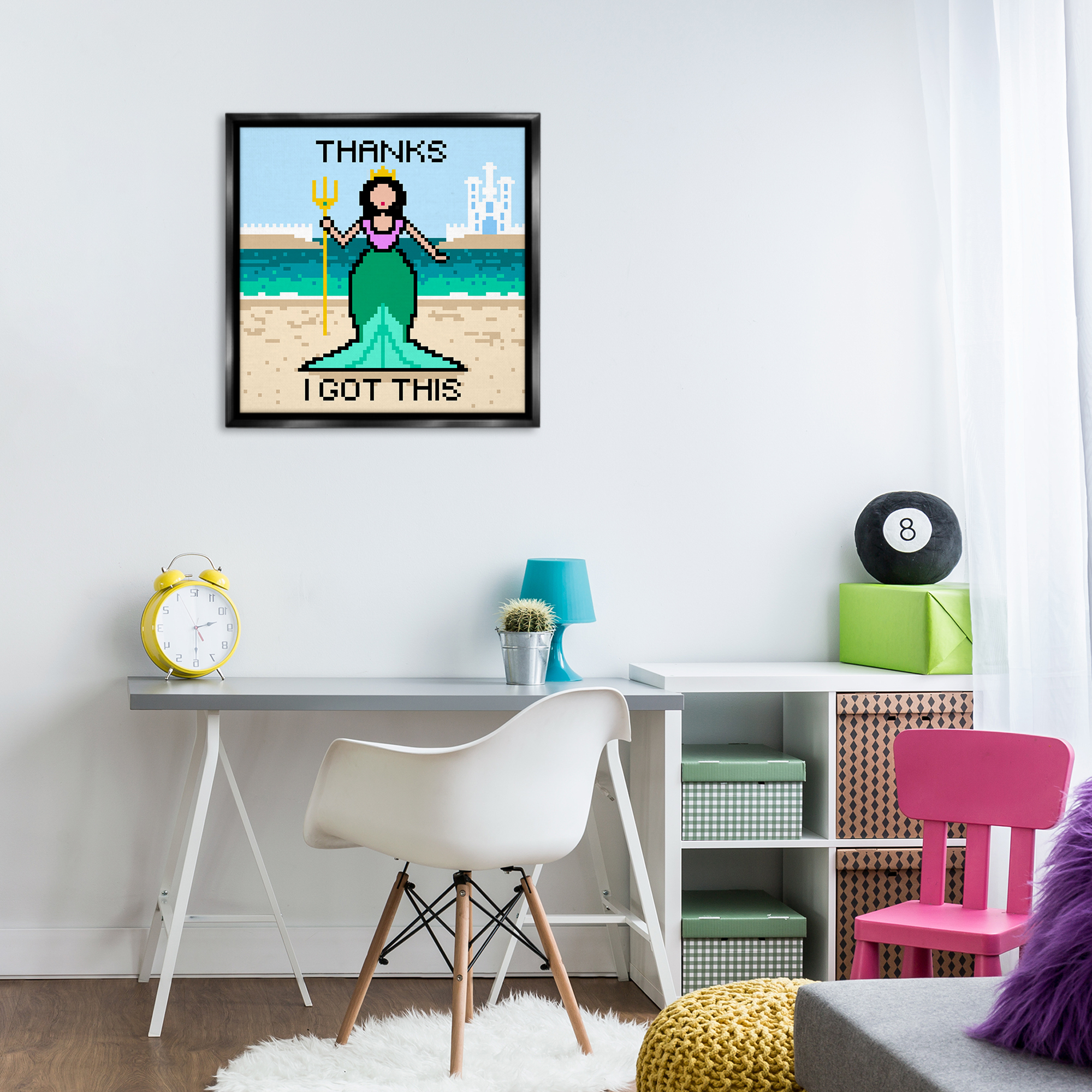 Stupell Industries I Got This Pixel Mermaid People Painting Black Floater Framed Canvas Art Print Wall Art, 25 x 25