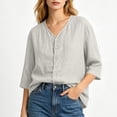 thumbnail image 3 of LEKWK Linen Tops for Women 3/4 Sleeve Button Down Tunic Tops Loose Fit V Neck Lightweight Solid Shirts Summer Beach Vacation Daily Outfits, 3 of 5