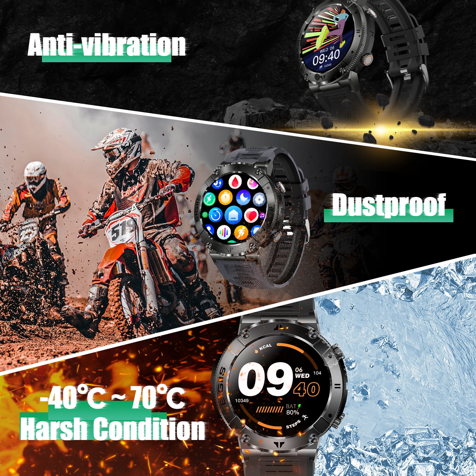EIGIIS Military Smart Watch for Men 1.32" Outdoor Tactical Sports Smartwatch Multi strap combination Compatible iPhone Samsung