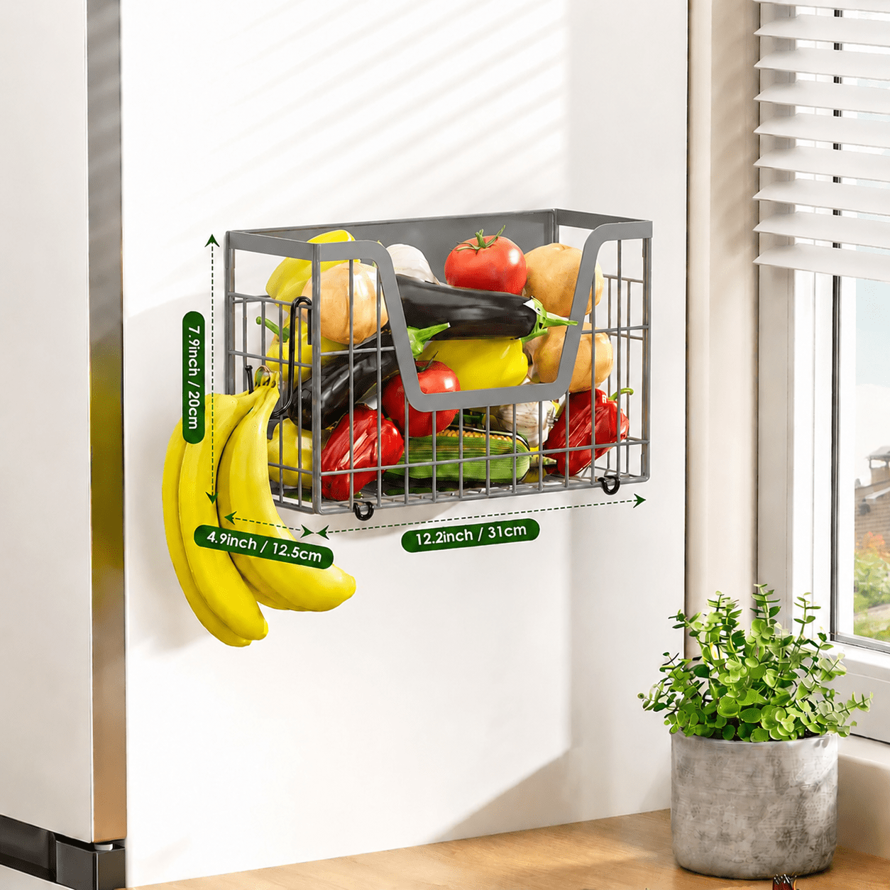 Gray Magnetic Shelf for Fridge, Fruit Potato and Onion Storage Bins, Magnetic Spice Rack Shelves for Side of Refrigerator, Fruit Basket Magnetic Fridge Shelf Kitchen Pantry Storage Organizer