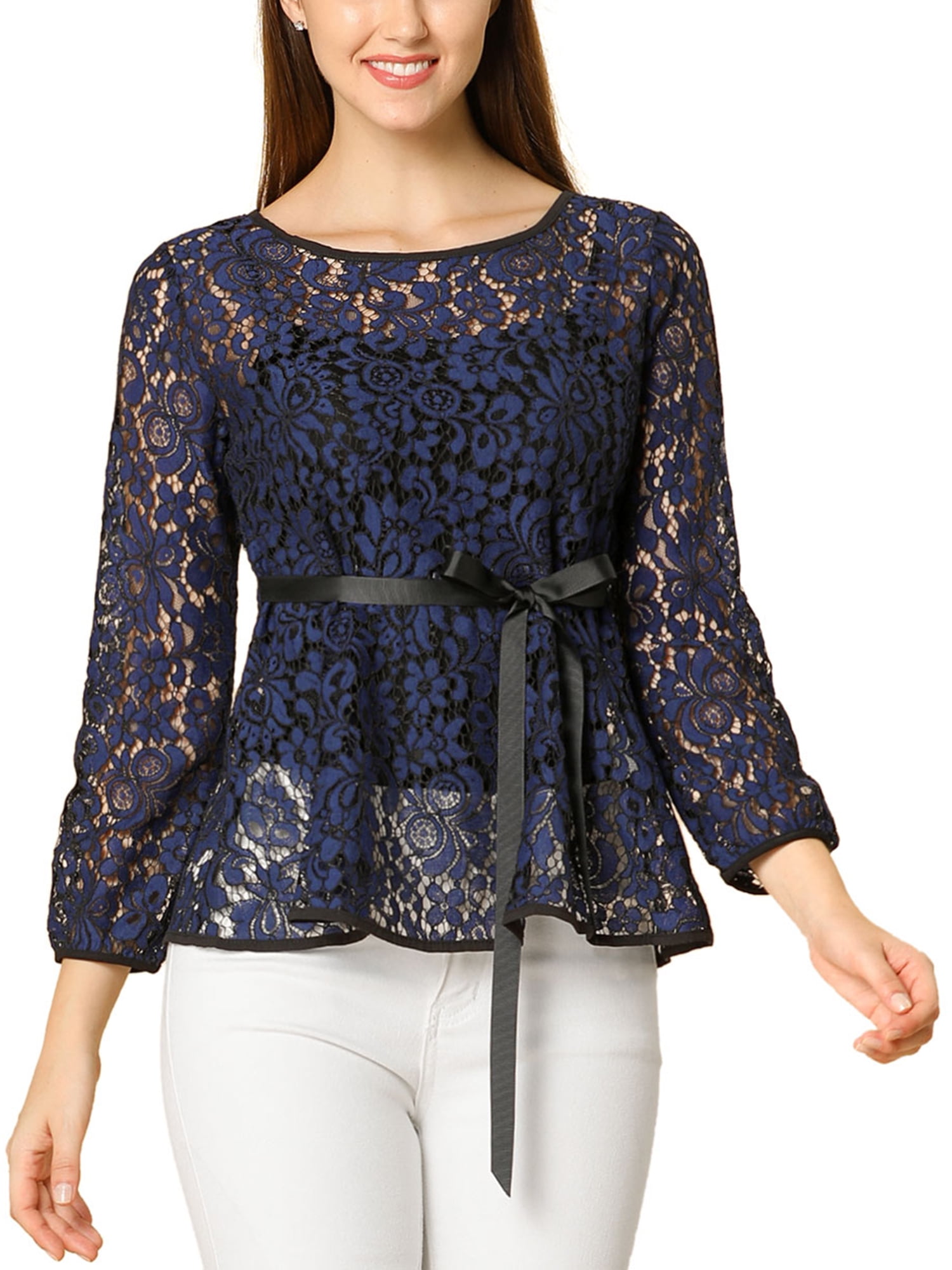 DARING DIVA Self-Tie Waist Semi Sheer Peplum Top L Dark Blue